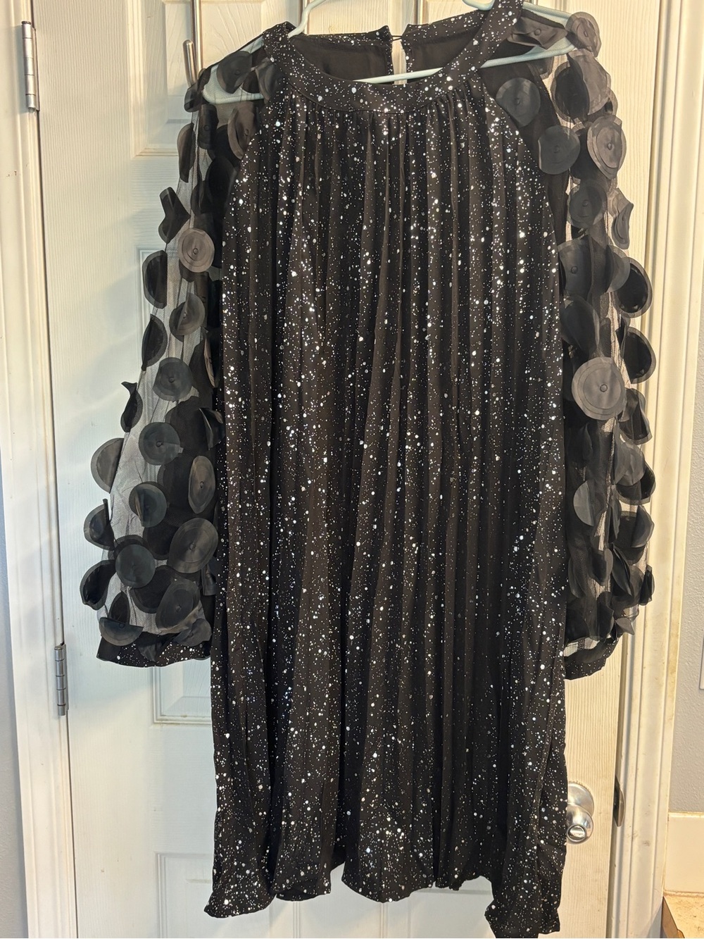 SHEIN Black Sparkle Pleated Party Dress with Sheer Polka Dot Sleeves